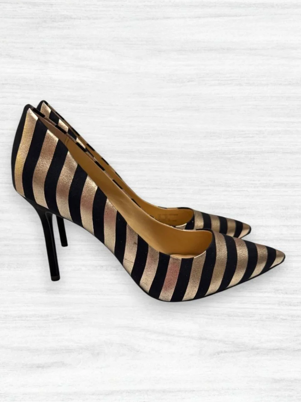 Katy Perry The Sissy Black Gold Metallic Stripe Pointed Toe Pumps Heels 9.5